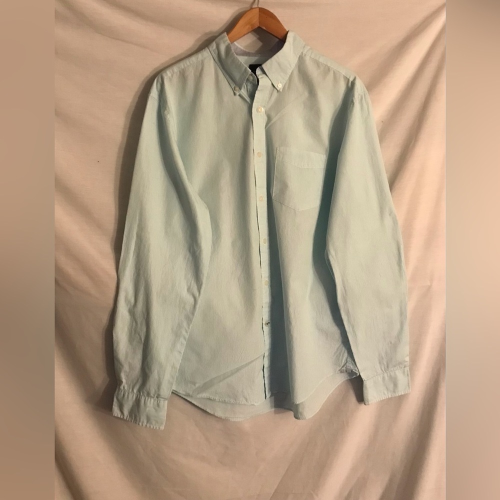 American Eagle Outfitters Mens Dress Shirt Aqua and White Stripe Size L
